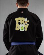 Friday Embrodiery embroidery on the back of a black BJJ Gi