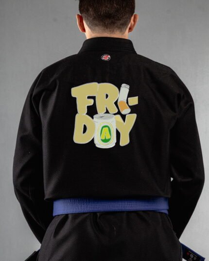Friday Embrodiery embroidery on the back of a black BJJ Gi