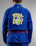 Friday Embrodiery embroidery on the back of a blue BJJ Gi