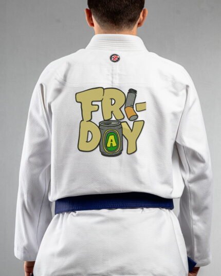 Friday Embrodiery embroidery on the back of a white BJJ Gi