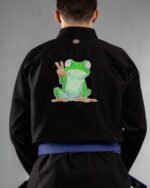 Peace Frog embroidery on the back of a black BJJ Gi