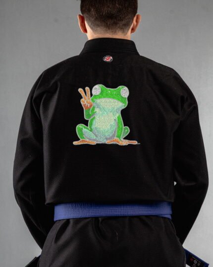 Peace Frog embroidery on the back of a black BJJ Gi