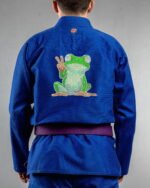 Peace Frog embroidery on the back of a blue BJJ Gi