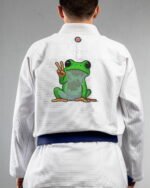 Peace Frog embroidery on the back of a white BJJ Gi