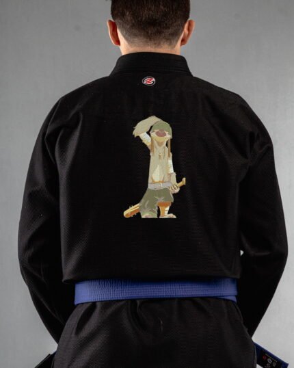 Gangster Sloth embroidery on the back of a black BJJ Gi
