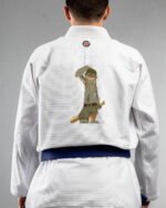 Gangster Sloth embroidery on the back of a white BJJ Gi