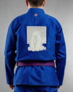 Coffee Ghost Cats embroidery on the back of a blue BJJ Gi
