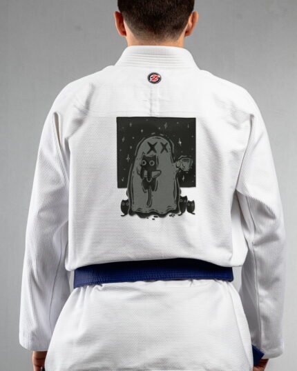 Coffee Ghost Cats embroidery on the back of a white BJJ Gi