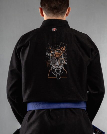 Glitched Skull embroidery on the back of a black BJJ Gi