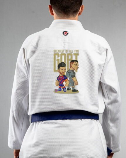 Goat Ronaldo Messi embroidery on the back of a white BJJ Gi