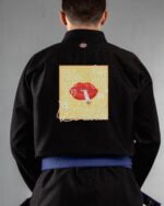 Good Vibes 420 embroidery on the back of a black BJJ Gi