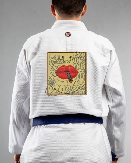Good Vibes 420 embroidery on the back of a white BJJ Gi