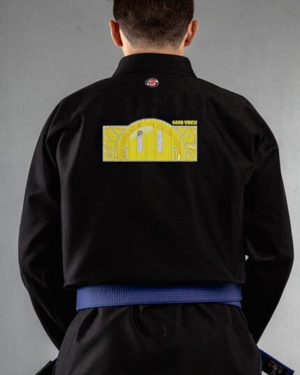 Good Vibes embroidery on the back of a black BJJ Gi