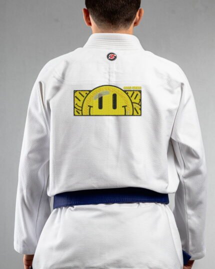 Good Vibes embroidery on the back of a white BJJ Gi