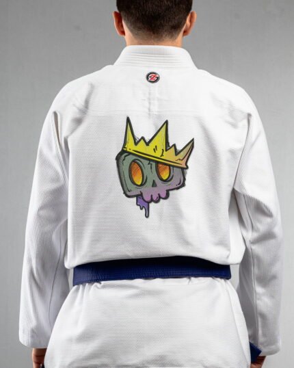 Graffiti Skull King embroidery on the back of a white BJJ Gi