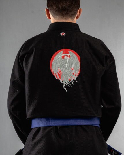 Grim Reaper embroidery on the back of a black BJJ Gi