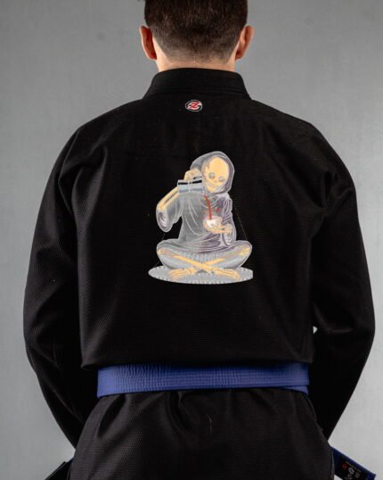 Grim Reaper Coffee embroidery on the back of a black BJJ Gi