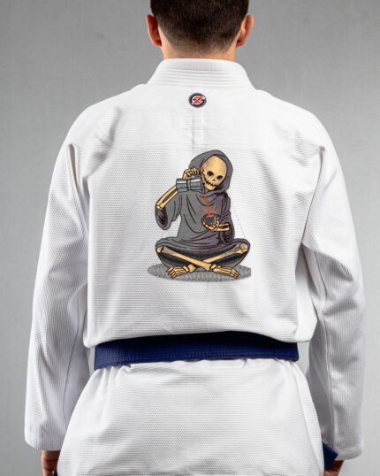 Grim Reaper Coffee embroidery on the back of a white BJJ Gi