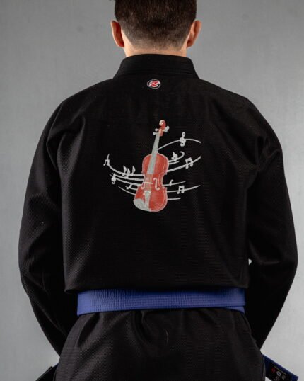 Violin embroidery on the back of a black BJJ Gi