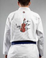 Violin embroidery on the back of a white BJJ Gi