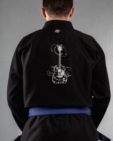 Guitar embroidery on the back of a black BJJ Gi