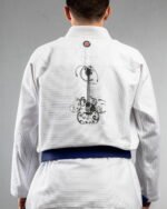 Guitar embroidery on the back of a white BJJ Gi