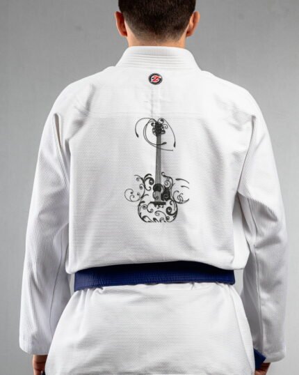 Guitar embroidery on the back of a white BJJ Gi