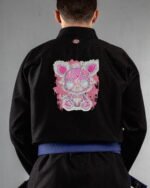 Spooky Teddy embroidery on the back of a black BJJ Gi