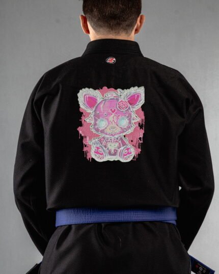Spooky Teddy embroidery on the back of a black BJJ Gi