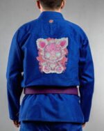Spooky Teddy embroidery on the back of a blue BJJ Gi