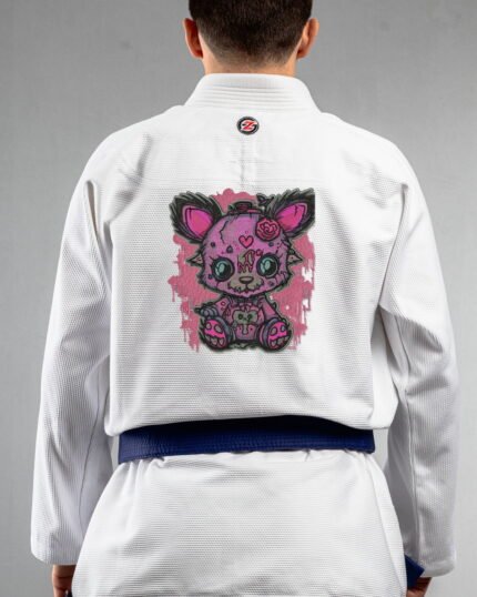 Spooky Teddy embroidery on the back of a white BJJ Gi