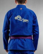 Skeleton Hands & Snake embroidery on the back of a blue BJJ Gi