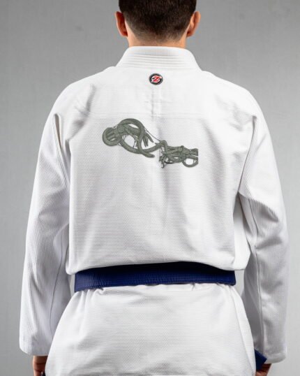 Skeleton Hands & Snake embroidery on the back of a white BJJ Gi