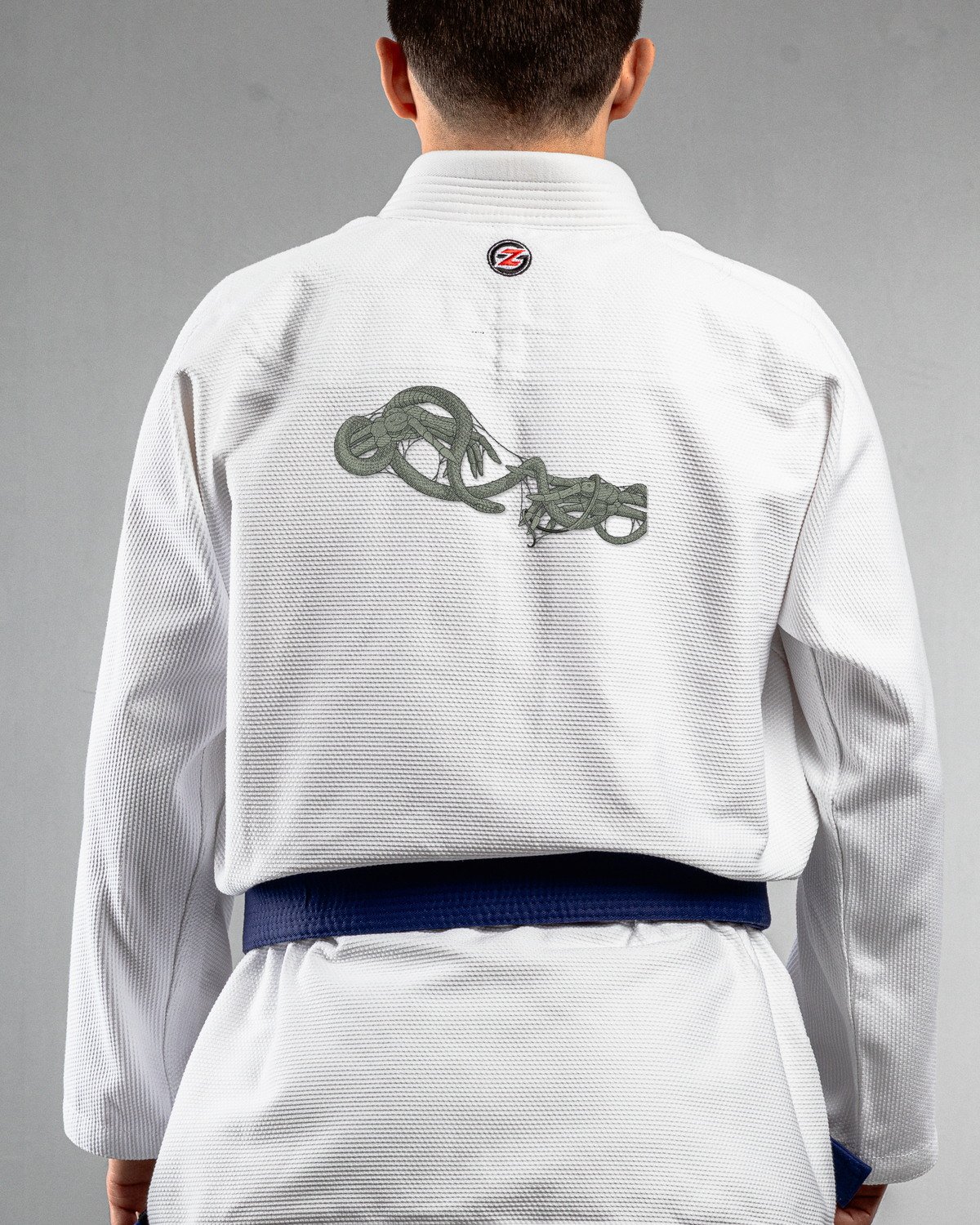 Skeleton Hands & Snake white Gi back mockup Skeleton Hands & Snake embroidery on the back of a white BJJ Gi