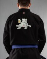 Happy Drunk Panda embroidery on the back of a black BJJ Gi