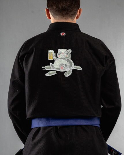 Happy Drunk Panda embroidery on the back of a black BJJ Gi
