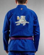 Happy Drunk Panda embroidery on the back of a blue BJJ Gi