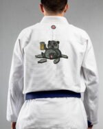 Happy Drunk Panda embroidery on the back of a white BJJ Gi