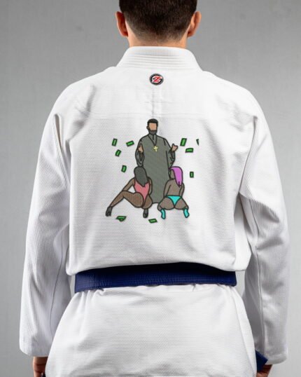 Holy Sin embroidery on the back of a white BJJ Gi
