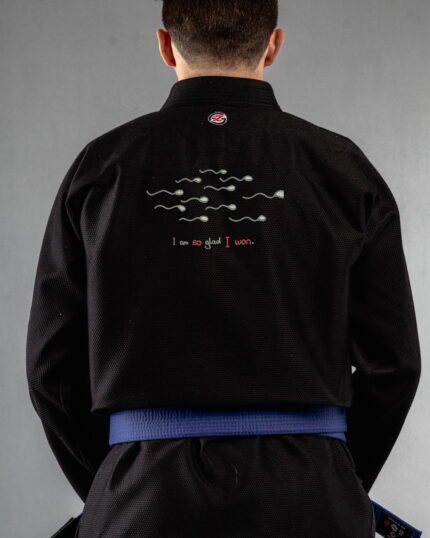 I Won embroidery on the back of a black BJJ Gi