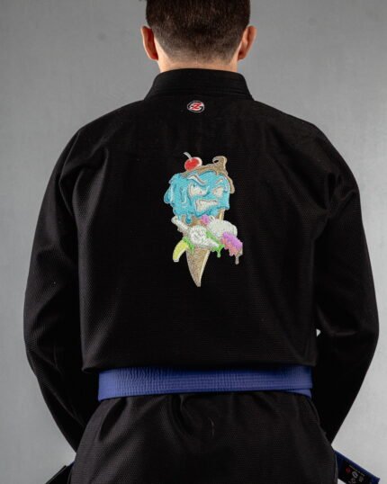 Ice Cream embroidery on the back of a black BJJ Gi