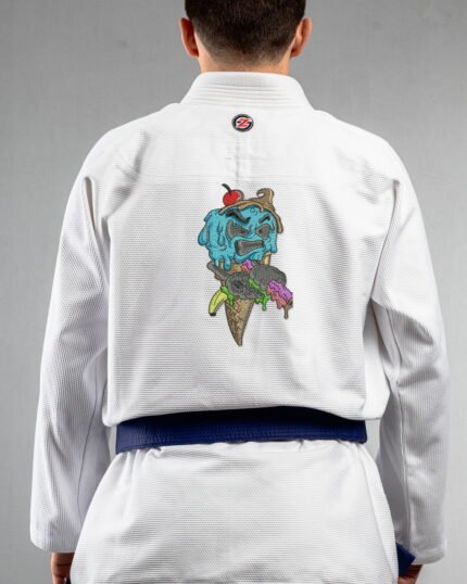 Ice Cream embroidery on the back of a white BJJ Gi