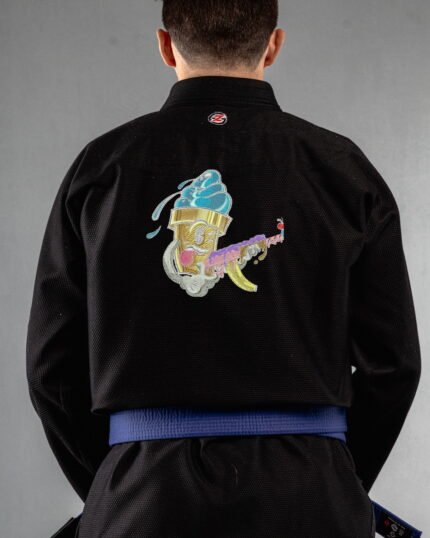 Ice Cream Gangster embroidery on the back of a black BJJ Gi