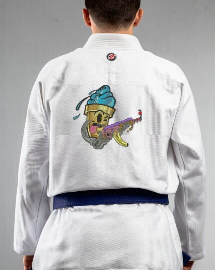 Ice Cream Gangster embroidery on the back of a white BJJ Gi