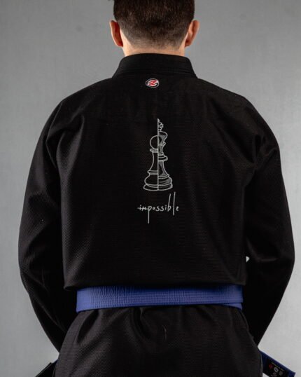 Im Possible Chess Minimal embroidery on the back of a black BJJ Gi