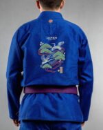 Japan embroidery on the back of a blue BJJ Gi