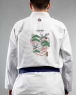 Japan embroidery on the back of a white BJJ Gi