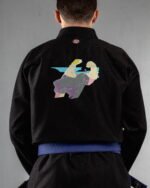 Johnny Bravo embroidery on the back of a black BJJ Gi