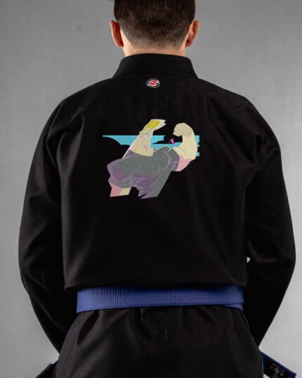 Johnny Bravo embroidery on the back of a black BJJ Gi