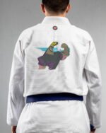 Johnny Bravo embroidery on the back of a white BJJ Gi